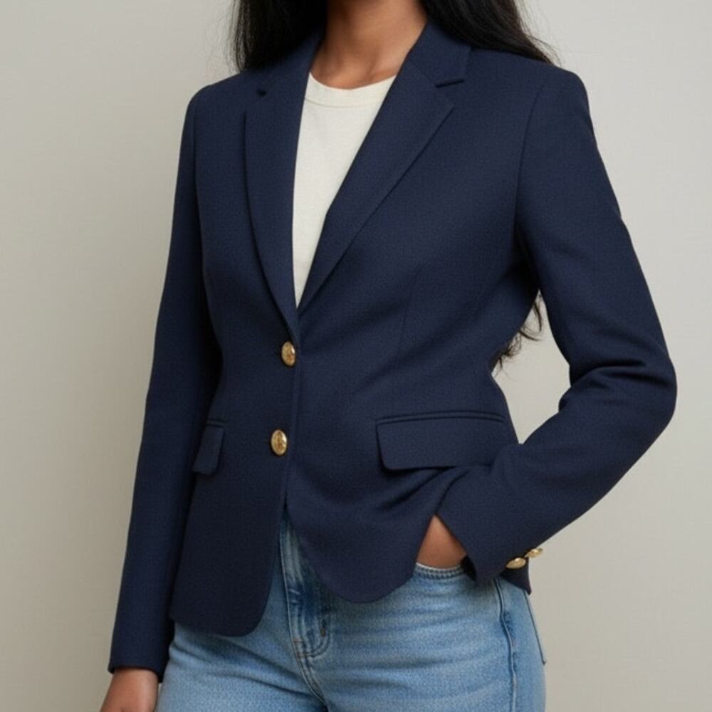J. Crew Schoolboy Long Sleeve Wool Blend Lined Gold Buttons Blazer 4 Navy Blue